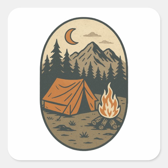 Sticker Carré Vintage Camping Night Scene Campfire Mountains (Devant)