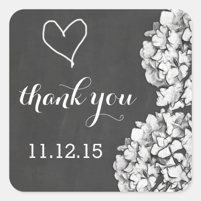 Sticker Carré Vintage Chalkboard Hydrangea Mariage Merci (Devant)