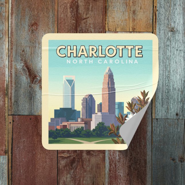 Sticker Carré Vintage Charlotte Caroline du Nord (Créateur téléchargé)