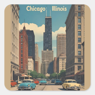 Sticker Carré Vintage Chicago Illinois City Skyline Retro Travel