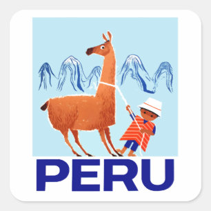 Sticker Carré Vintage Child and Llama Peru Travel Poster