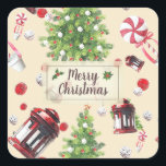 Sticker Carré Vintage Christmas Art Motif<br><div class="desc">Éléments de Noël vintage en aquarelle et crayon avec une vieille lanterne de Noël, arbre de Noël, bonbons et bonbons de Noël. Ambiance de Noël agréable et cosy dans des couleurs vintages avec un badge de Noël personnalisable avec des baies sèches au milieu. Personnalisez en changeant le texte ou appuyez...</div>