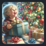 Sticker Carré Vintage Christmas Eve Joy<br><div class="desc">Un gentil petit garçon ouvrant un cadeau la veille de Noël avec un grand sourire. Un joli sapin de Noël aux ornements antiques dorés et rouges.</div>