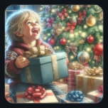 Sticker Carré Vintage Christmas Eve Joy<br><div class="desc">Un gentil petit garçon ouvrant un cadeau la veille de Noël avec un grand sourire. Un joli sapin de Noël aux ornements antiques dorés et rouges.</div>