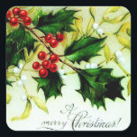 Sticker Carré Vintage Christmas Holly<br><div class="desc">Ce joli autocollant a un timbre assorti pour faire paraître toutes vos cartes et votre correspondance si belle Christmassy! :) Restauration par Laurie Bethard,  DBA Plutôt Vintage. Copyright © 2016,  Plutôt Vintage. Tous droits réservés.</div>