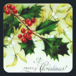 Sticker Carré Vintage Christmas Holly<br><div class="desc">Ce joli autocollant a un timbre assorti pour faire paraître toutes vos cartes et votre correspondance si belle Christmassy! :) Restauration par Laurie Bethard,  DBA Plutôt Vintage. Copyright © 2016,  Plutôt Vintage. Tous droits réservés.</div>