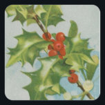 Sticker Carré Vintage Christmas Holly<br><div class="desc">Voici une illustration vintage de la carte postale de Noël Holly.</div>
