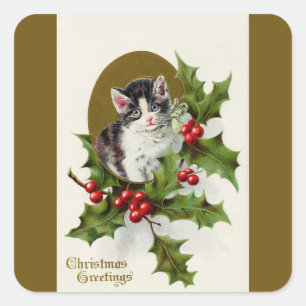Sticker Carré Vintage Christmas Kitten Gold