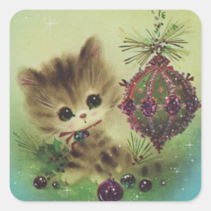 Sticker Carré Vintage Christmas Kitten Par ornement