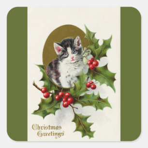 Sticker Carré Vintage Christmas Kitten Vert