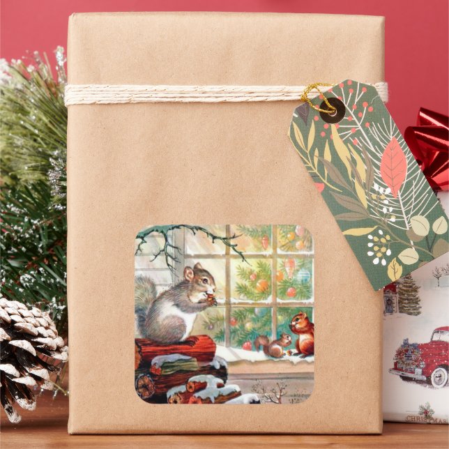 Sticker Carré Vintage Christmas rétro animal Vacances autocollan (vacances)