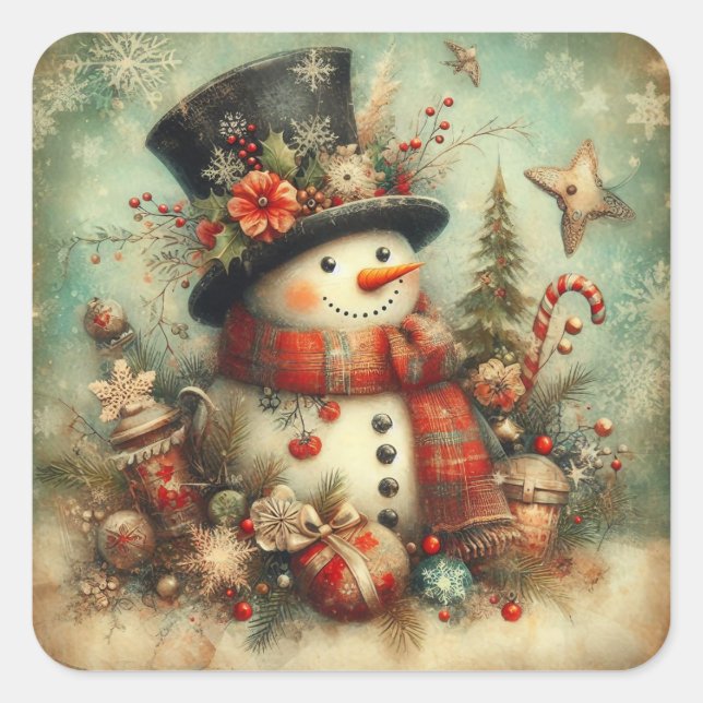 Sticker Carré Vintage Christmas Snowman (Devant)