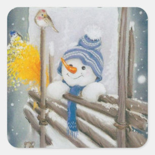 Sticker Carré Vintage Christmas Snowman et Bird