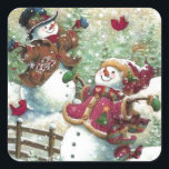 Sticker Carré Vintage Christmas Snowmen<br><div class="desc">Sticker carré</div>