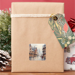 Sticker Carré Vintage Christmas Village Street Vacances