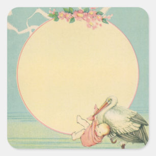 Sticker Carré Vintage cigogne avec petite fille dans une couvert