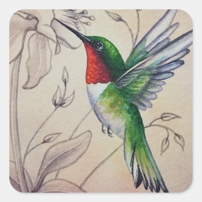 Sticker Carré Vintage Colibri No 6 Aquarelle Art (Devant)
