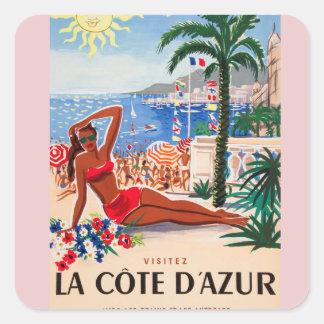 Sticker Carré Vintage Côte d'Azur Beach Girl
