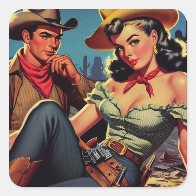 Sticker Carré Vintage Cowboy et Cowgirl (Devant)