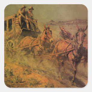 Sticker Carré Vintage Cowboys, The Stage Coach par John Borein
