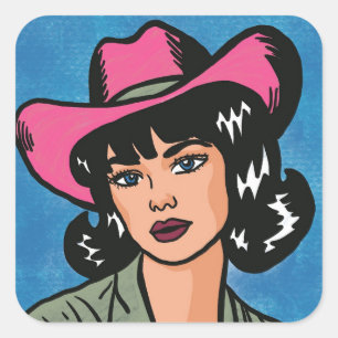 Sticker Carré Vintage Cowgirl Main Drake Pop Art