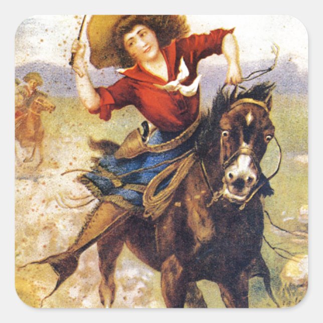 Sticker Carré Vintage Cowgirl Occidentale À Cheval (Devant)