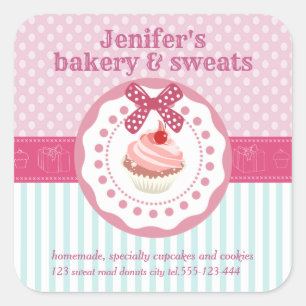 Sticker Carré Vintage cupcakes boulangerie pois rayures