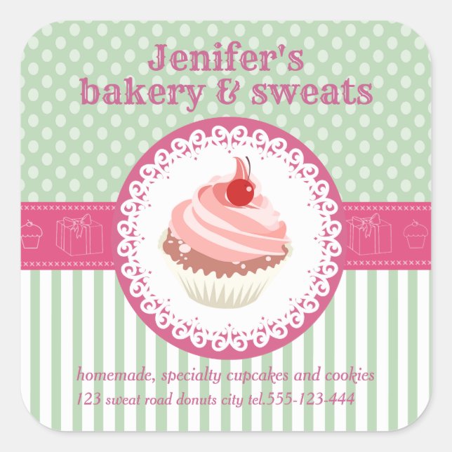 Sticker Carré Vintage cupcakes boulangerie pois rayures (Devant)
