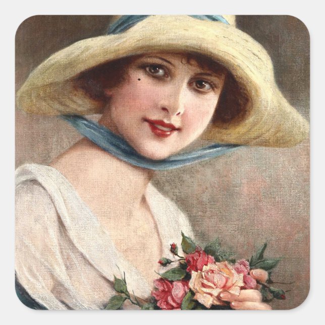 Sticker Carré Vintage Dame Avec Bouquet De Roses (Devant)