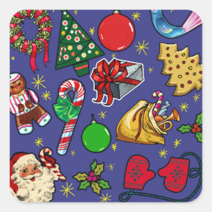 Sticker Carré Vintage de Noël rétro couleur bleu rouge vert
