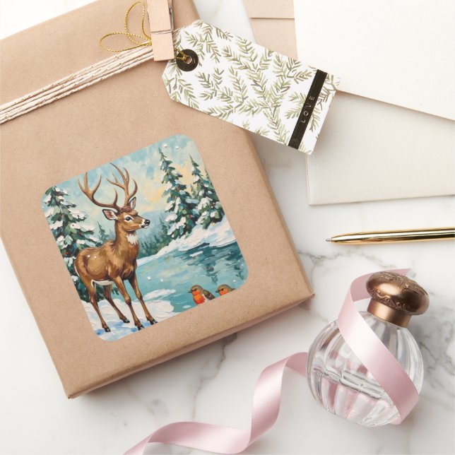 Sticker Carré Vintage Deer and Robins Christmas Scene (Cadeaux)
