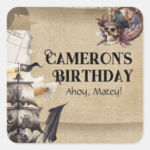 Sticker Carré Vintage défiler Carte au trésor Pirates Party