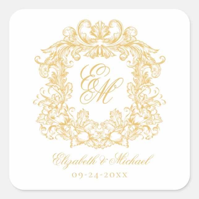 Sticker Carré Vintage Elegant Wedding Monogram Crest Gold (Devant)