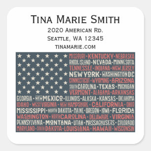Sticker Carré Vintage Faded American Flag State Noms Mots Art
