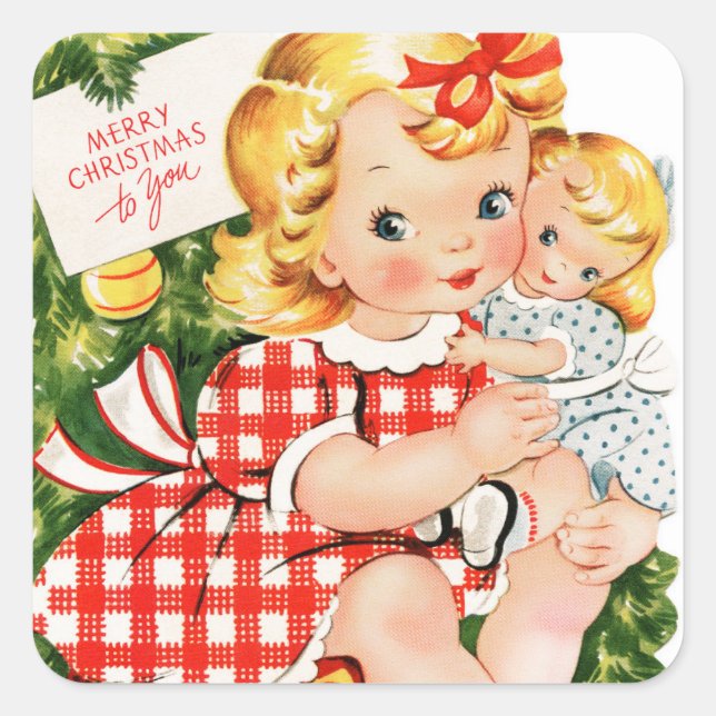 Sticker Carré Vintage fille de 1950 avec poupée (Devant)