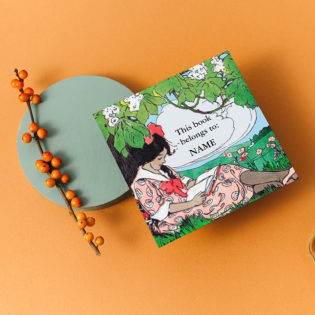 Sticker Carré Vintage fille lecture plaque (Créateur téléchargé)