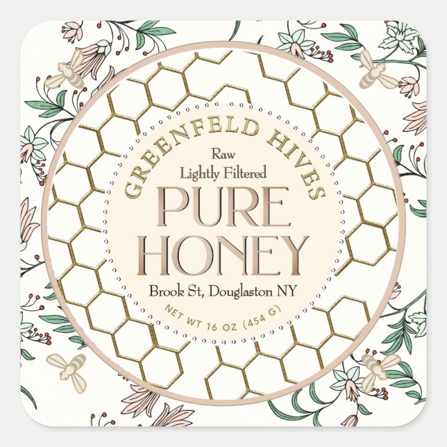 Sticker Carré Vintage Floral Imprimer abeilles Honeycomb Miel cr (Devant)