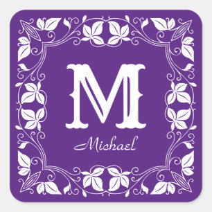 Sticker Carré Vintage Floral Personnalisé Nom Monogramme