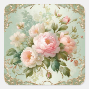 Sticker Carré Vintage Floral PInk Roses Élégant
