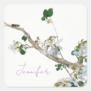 Sticker Carré Vintage Floral style asiatique Pastel Coloris Nom