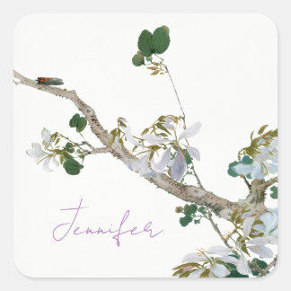 Sticker Carré Vintage Floral style asiatique Pastel Coloris Nom