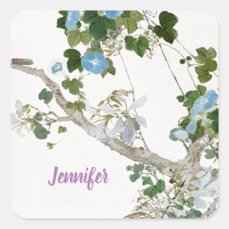 Sticker Carré Vintage Floral style asiatique Pastel Coloris Nom