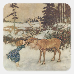 Sticker Carré Vintage Gerda et le renne par Edmund Dulac