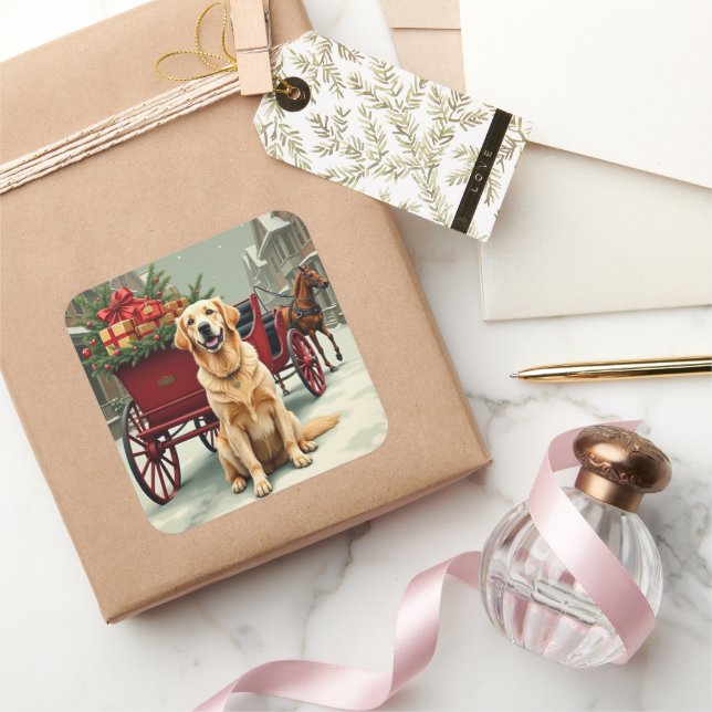 Sticker Carré Vintage Golden Retriever Christmas Carriage Illust (Cadeaux)