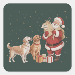 Sticker Carré Vintage Golden Retriever Père Noël Christmas Chien