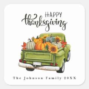 Sticker Carré Vintage Green Farm Truck Thanksgiving Harvest