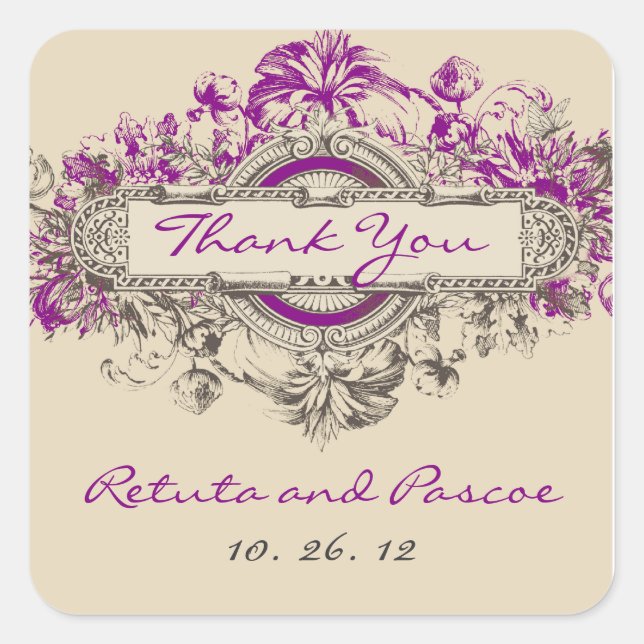 Sticker Carré Vintage gris pourpre Merci Mariage  (Devant)