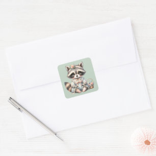 Sticker Carré Vintage habillé Cottagecore Raccoon Pastel