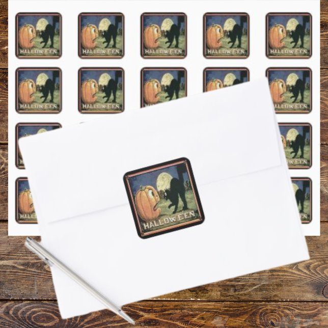 Sticker Carré Vintage Halloween (Vintage Halloween Pumpkin & Cat in Mosaic Square Sticker)