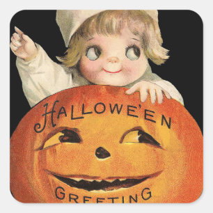 Sticker Carré Vintage Halloween enfant citrouille Vacances autoc